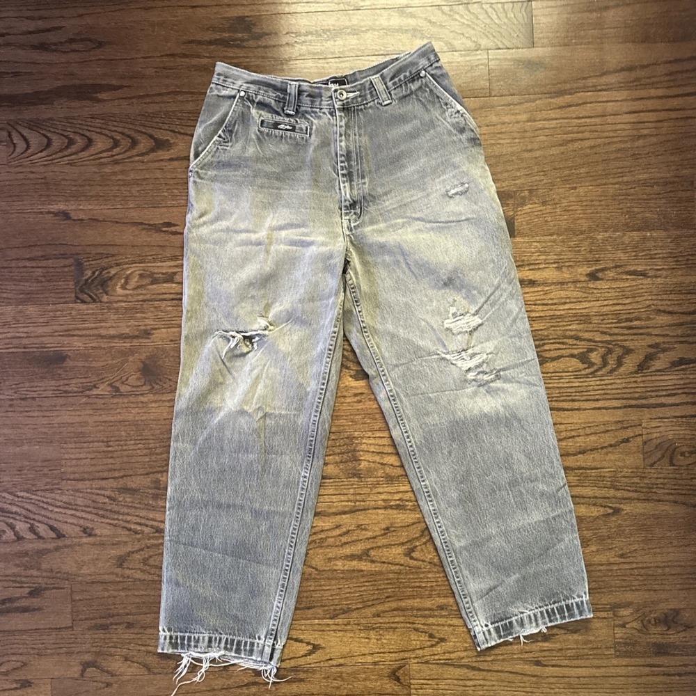 Y2K Karl Kani Jeans 90's Mens W32 L32 Grey Wash Distressed Retro‎ Worn Baggy Fit